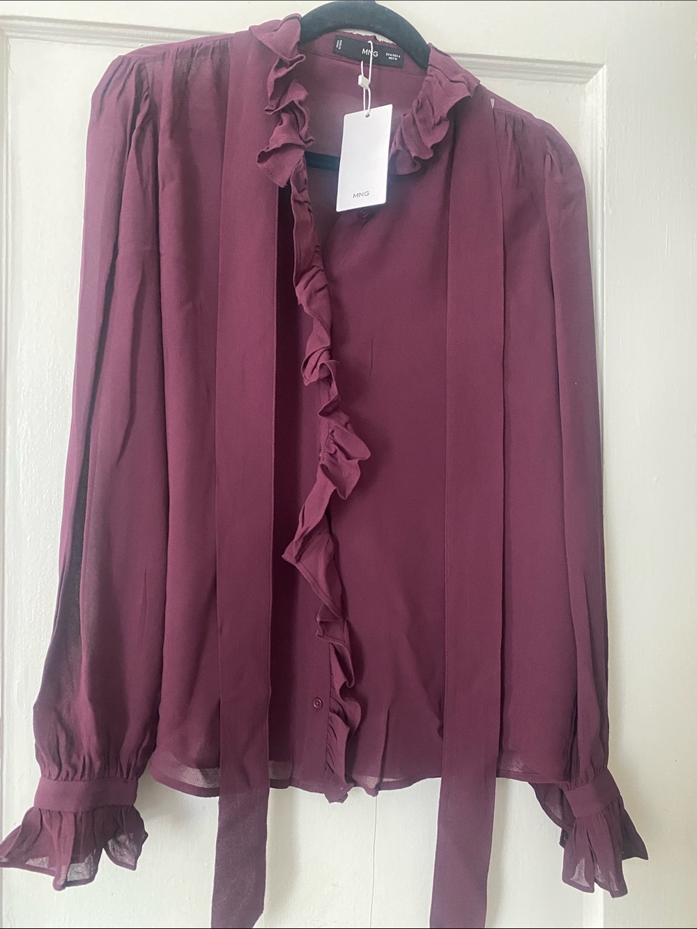 Mango Ruffle Tie-Neck Blouse in Burgundy Plum